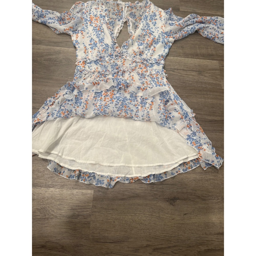 Floral Open Back Ruffle Mini Dress Cottagecore Boho Long Sleeve Women's Large - Picture 8 of 11